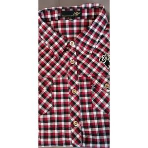 mens button down shirt large red plaid y2k 90s streetwear retro peace love
